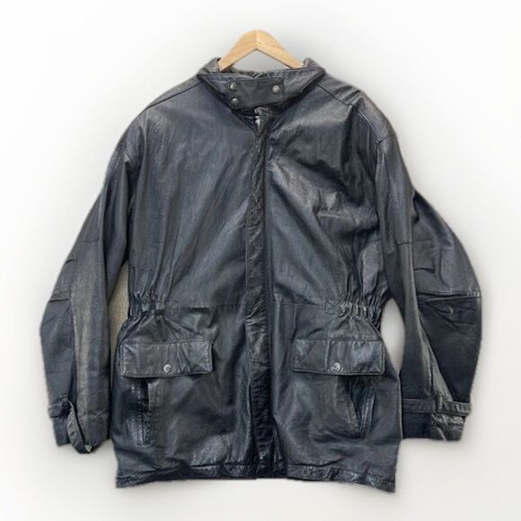 Vintage 90s Phase 2 Leather Trench Coat Jacket Size Large Flannel Lined - Picture 1 of 12